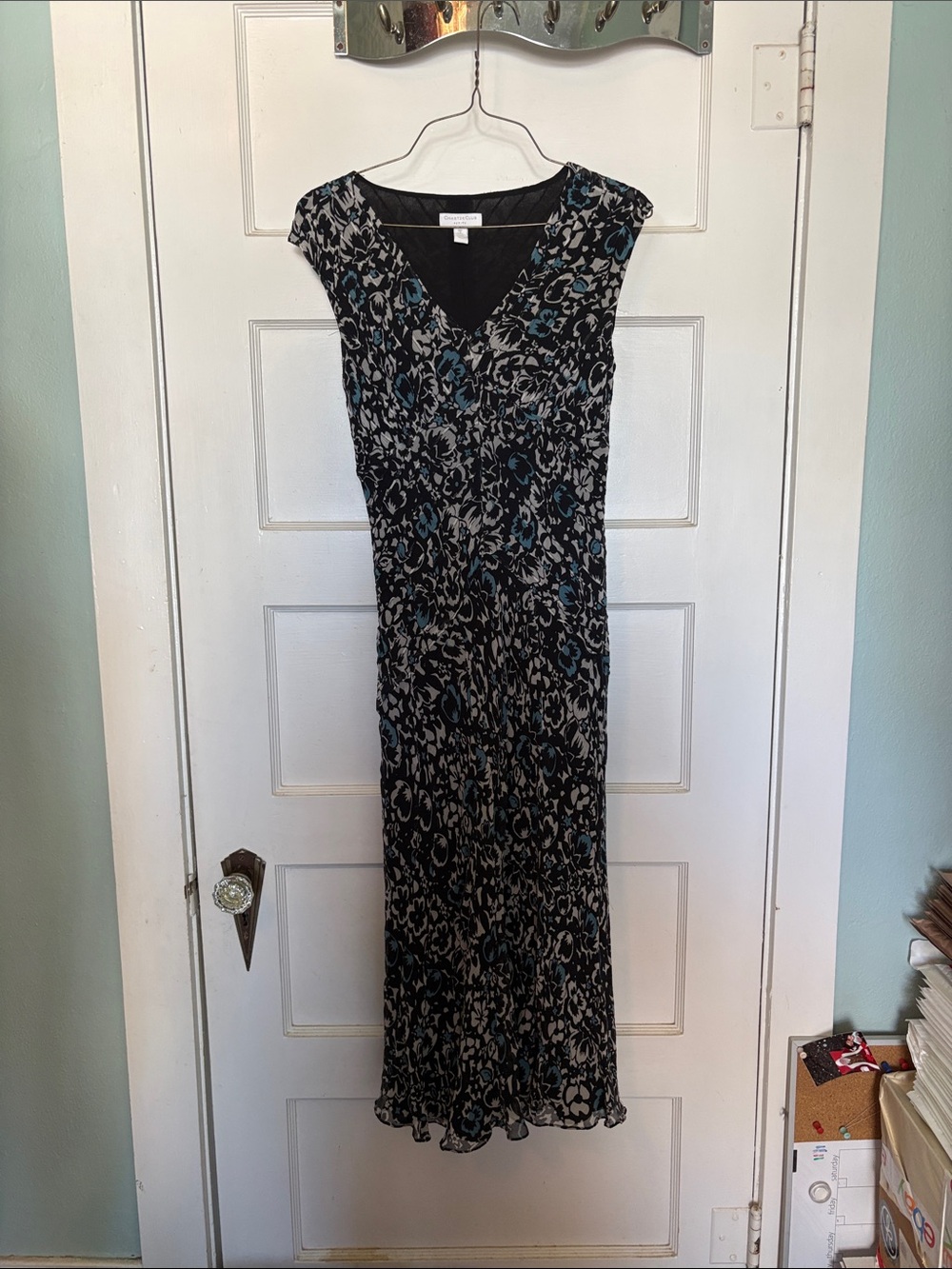 Charter Club Black and Teal Floral Silk V-Neck Maxi Dress Size 6P